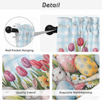 Easter Kitchen Curtains 45 Inch Long 2 Panel Set, Rod Pocket Window Treatment, Spring Bunny Colorful Eggs Tulip Flowers Blue Check Light Filtering Panels Short Drapes for Bathroom Camper 42"W x 45"L