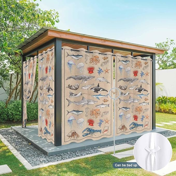 Vintage Outdoor Curtains for Patio Sharks Whales Lobsters Biographies Waterproof Outside Curtains with Grommet Top Weatherproof Curtain for Cabana Pergola Gazebo, 2 Pack, 54" W x 84" L