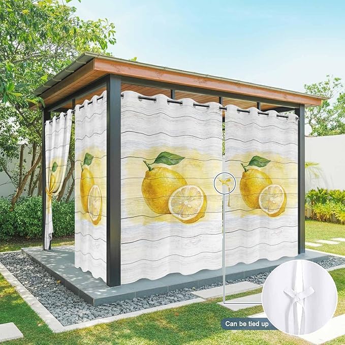 Lemons Yellow Summer Fruit Vintage Wood Outdoor Curtains for Patio Waterproof Outside Curtains with Grommet Top Weatherproof Curtain for Cabana Pergola Gazebo, 1 Panel, 54" W x 95" L