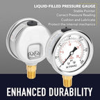 2-1/2" Dial Size, 0-300 Psi Pressure Gauge, Glycerin Liquid Filled, 1/4" NPT Lower Mount, Stainless Steel Case, for Regulator, Air Compressor, Water System, HVAC, Hydraulic, Pressure Test