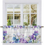 Spring Flowers Tier Curtains, Watercolor Garden Florals Wooden Grain Light Filtering Kitchen Curtains, 2Pcs Rod Pocket Half Window Treatments Panels for Sink Cafe Cabinet Camper 27.5x36 Inches