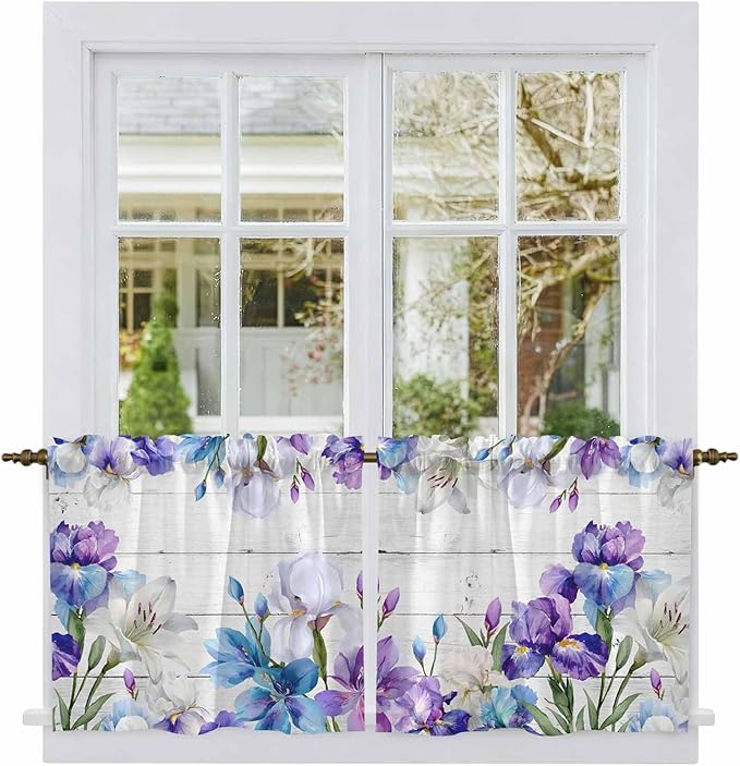 Spring Flowers Tier Curtains, Watercolor Garden Florals Wooden Grain Light Filtering Kitchen Curtains, 2Pcs Rod Pocket Half Window Treatments Panels for Sink Cafe Cabinet Camper 27.5x24 Inches