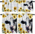 Kitchen Curtains Tiers and Valance Set of 3, Cow Sunflowers Light Filtering Window Curtain Set, Farmhouse Animals Plants Wooden Grain Rod Pocket Curtain Drapes for Cafe, Living Room, 36 Inches Tiers
