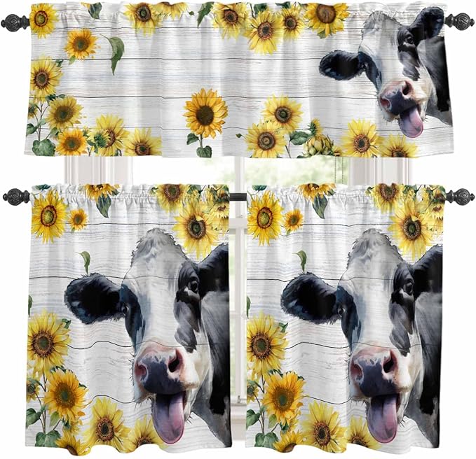 Kitchen Curtains Tiers and Valance Set of 3, Cow Sunflowers Light Filtering Window Curtain Set, Farmhouse Animals Plants Wooden Grain Rod Pocket Curtain Drapes for Cafe, Living Room, 36 Inches Tiers