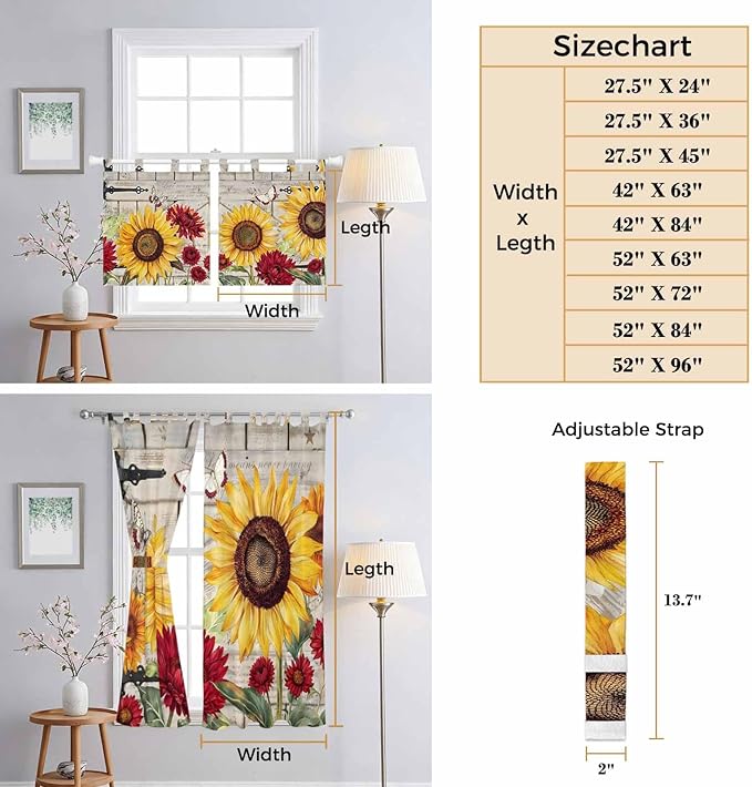 Red Yellow Sunflowers Living Room Curtains 96 Inch Length, Window Curtains Tab Top, Retro Rustic Barn Doors Butterfly Brown Light Filtering Window Treatments Drapes 52"x96" 2 Panel