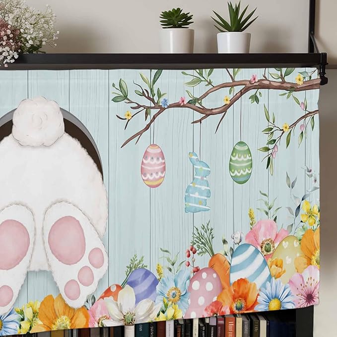 Easter Bunny Curtain Valances for Windows, Kitchen Valance Window Treatment, Easter Eggs Spring Farmhouse Wood Grain Teal Blue Light Filter Block Curtains for Bathroom/Bedroom/Living Room 42'' x 18''