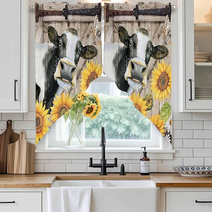 Retro Farmhouse Flower Swag Valances for Windows, Yellow Sunflowers Cow Barn Doors Brown Rod Pocket Kitchen Curtains Valance, Kitchen Window Curtains Swag for Cafe Living Room, 2 Panels, 36x45 inch