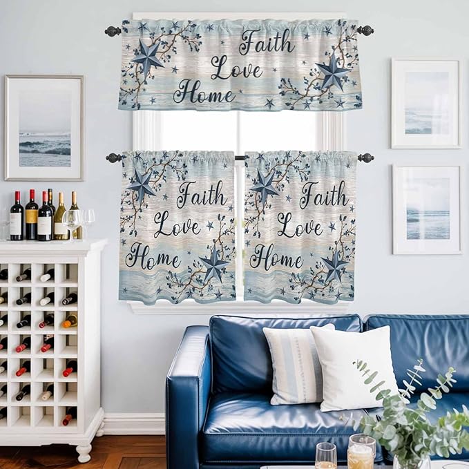 Vintage Farmhouse Kitchen Curtains Set 3 Piece for Windows, Rod Pocket Valance and Tier Set 24 Inch Length, Blue Country Texas Star Vines Wooden Light Filtering Cafe Curtains for Living Room Bathroom