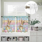 Kitchen Curtains Tiers and Valance Set of 3, Easter Light Filtering Window Curtain Set, Spring Rabbit Eggs Floral Colorful Wooden Grain Rod Pocket Curtain Drapes for Cafe, Living Room, 24 Inches Tiers