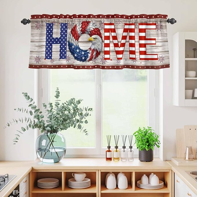4th of July Kitchen Curtains Set 3 Piece for Windows,Rod Pocket Valance and Tier Set 24 Inch Length,Stars Striped Farmhouse American Flag Wood Grain Light Filtering Cafe Curtains for Living Room