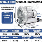 Vortex Ring Regenerative Blower,Single Phase High-Pressure Industrial Vacuum Pump,Electric Air Pump,for Industrial Applications,Construction Sites,Fish Pond Aeration 120W/0.16HP