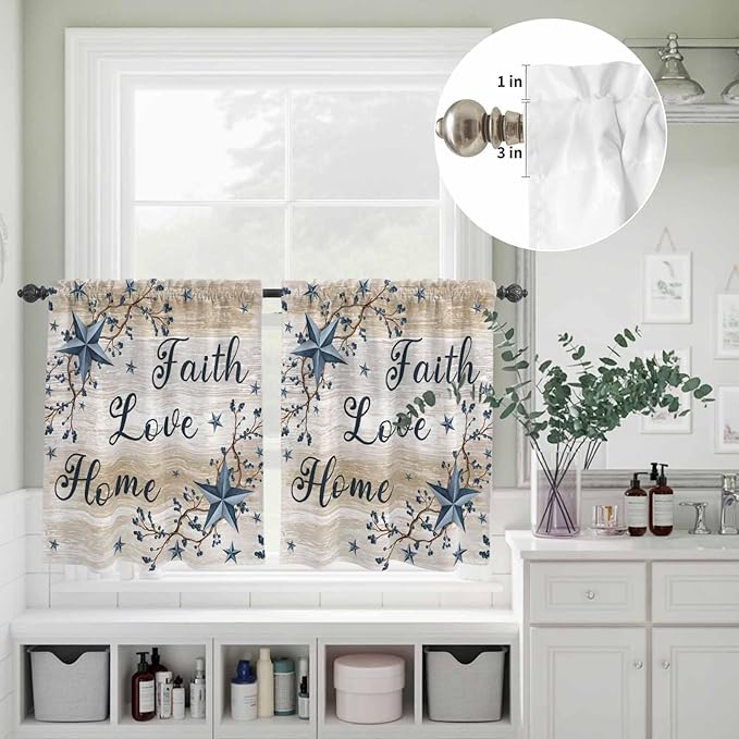 Kitchen Curtains Tiers and Valance Set of 3, Vintage Country Light Filtering Window Curtain Set, Blue Rustic Texas Star Vines Wooden Grain Rod Pocket Curtain Drapes for Living Room, 36 Inches Tiers