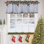 Christmas Curtain Valances for Windows, Kitchen Valance Window Treatment, Winter Xmas Balls Pine Branches Wooden Grain Light Filtering Block Curtains for Bathroom/Bedroom/Living Room 42'' x 18''