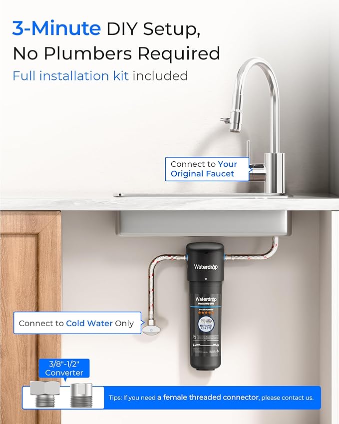 Waterdrop 10UA Under Sink Water Filter System, Reduces PFAS, PFOA/PFOS, Lead, Chlorine, Bad Taste & Odor, Under Counter Water Filter Direct Connect to Kitchen Faucet, NSF/ANSI 42 Certified, 1 Year