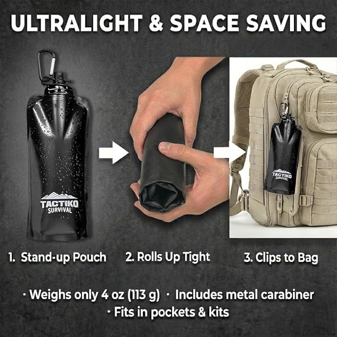 Tactiko Survival 20oz/600ml Purifying Water Bottle Filter Kit - Filter 265 Gal. Water from Rivers, Lakes & Streams - SGS Certified - UF Membrane, Activated Carbon - Camping, Hiking, Emergency (Black)