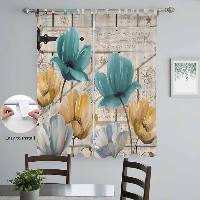 Watercolor Flowers Living Room Curtains 84 Inch Length, Window Curtains Tab Top, Vintage Tulips Floral Barn Doors Wood Grain Light Filtering Window Treatments Drapes 52"x84" 2 Panel