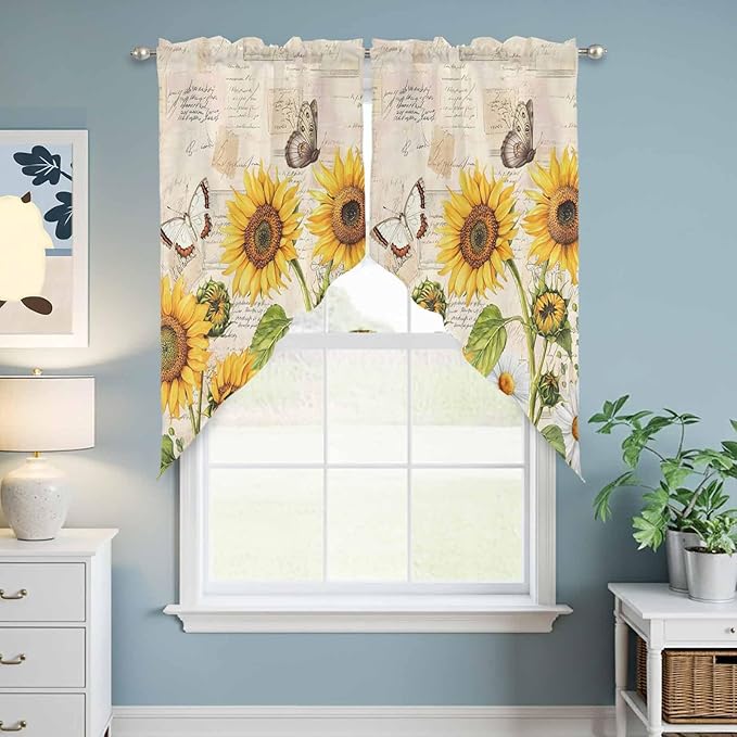 Yellow Sunflowers Swag Valances for Windows, Country Farm Butterfly Flower Light Beige Rod Pocket Kitchen Curtains Valance, Small Window Curtains Swag for Cafe Living Room, 2 Panels, 28x36 inch