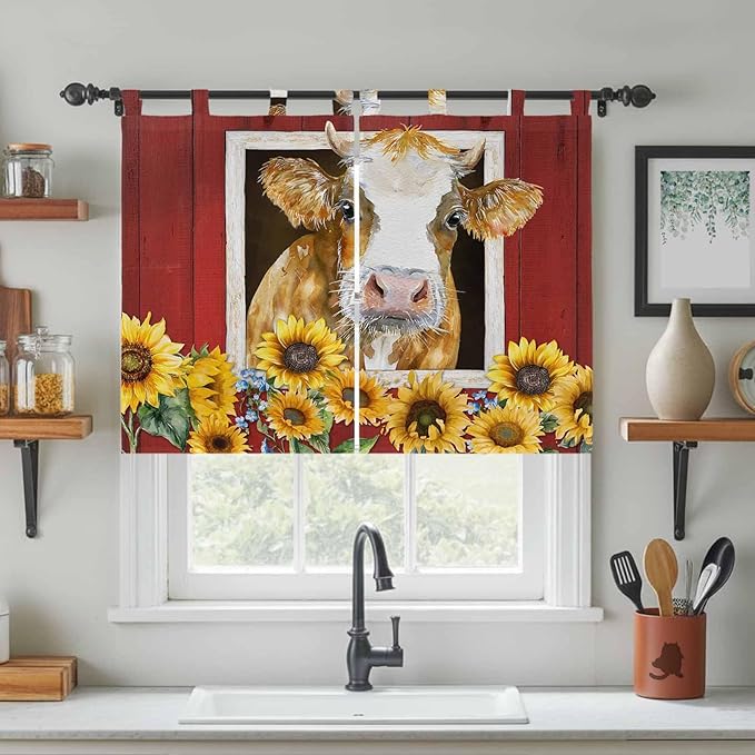 Cows Sunflowers Kitchen Curtains 45 Inch Length, Short Cafe Window Curtains Tab Top, Spring Floral Bees Farmhouse Barn Light Filtering Window Treatments Tier Drapes 27.5"x45" 2 Panel