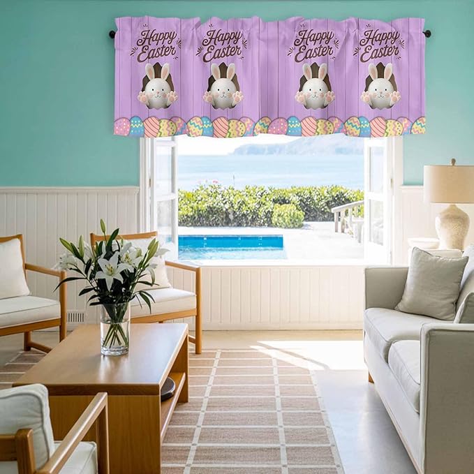 Purple Easter Curtain Valances for Windows, Kitchen Valance Window Treatment, Spring Cartoon Bunny Colorful Eggs Wood Grain Light Filtering Block Curtains for Bathroom/Bedroom/Living Room 42'' x 12''