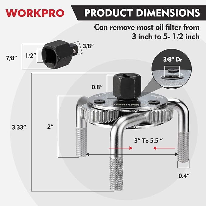 WORKPRO Adjustable Oil Filter Wrench, Universal 3"–5-1/2" (76–140mm) Heavy Duty 3-Jaw Oil Filter Removal Tool, Professional Auto Repair Tool for Car, Truck, SUV, Tractor, and Motorcycle