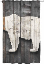 Sheer Curtains 108 Inches Long, Vintage White Brown Bear Semi Sheer Curtains Light Filtering Window Treatment, Retro Country Rustic Wood Grain Privacy Voile Drapes for Living Room Bedroom 52x108 Inch
