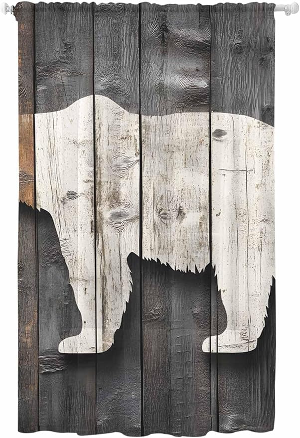 Sheer Curtains 84 Inches Long, Vintage White Brown Bear Semi Sheer Curtains Light Filtering Window Treatment, Retro Country Rustic Wood Grain Privacy Voile Drapes for Living Room Bedroom 52x84 Inch