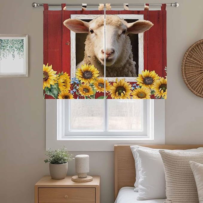 Sheep Sunflower Kitchen Curtains 45 Inch Length, Short Cafe Window Curtains Tab Top, Country Red Farm Barn Spring Flowers Light Filtering Window Treatments Tier Drapes 27.5"x45" 2 Panel