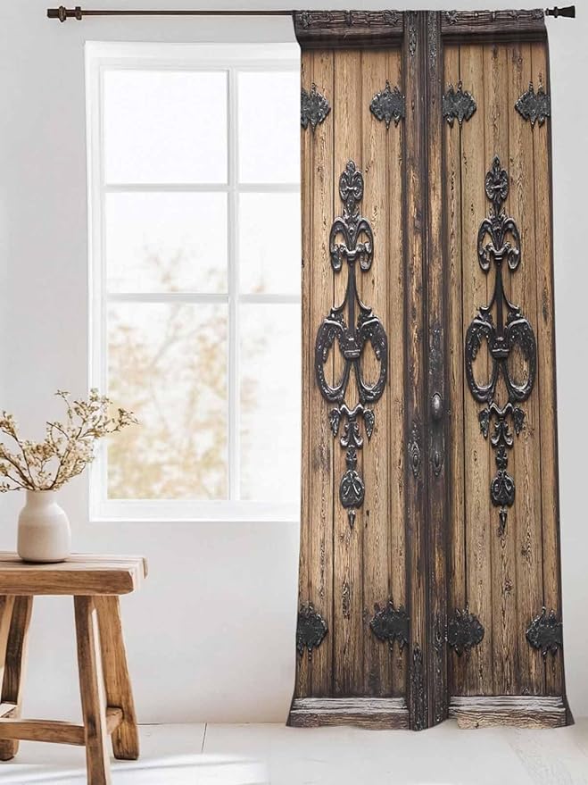 Sheer Curtains 96 Inches Long, Barn Door Semi Sheer Curtains Light Filtering Window Treatment, Farmhouse Wooden Grain Rustic Tribal Pattern Privacy Voile Drapes for Living Room Bedroom 52x96 Inch