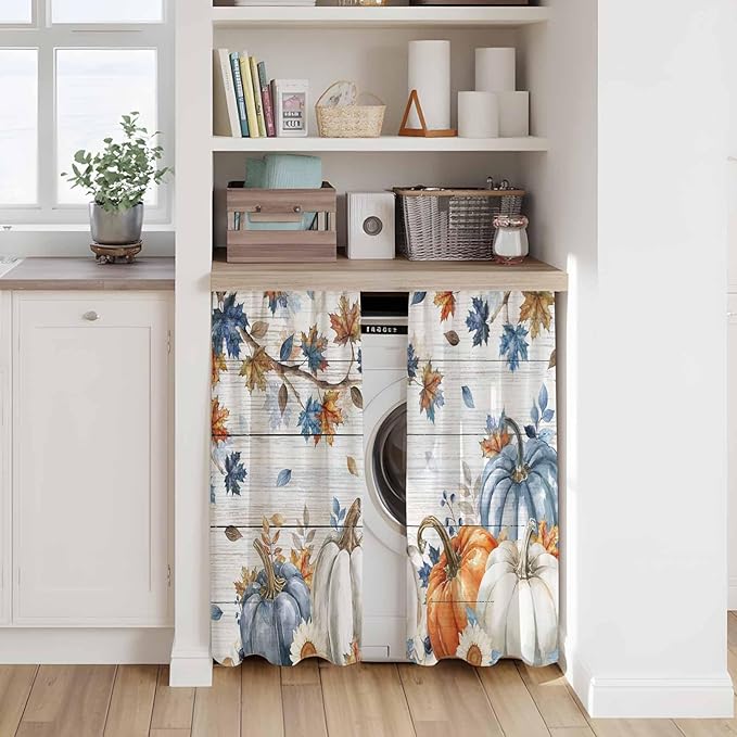 Thanksgiving Pumpkin Kitchen Tier Curtains 45 Inch Long 2 Panel Set,Rod Pocket Short Window Treatment,Fall Maple Leaf Daisy Wooden Grain Curtains & Drapes for Bathroom Basement 27.5"W x 45"L