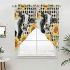 Retro Sunflowers Swag Valances for Windows, Farmhouse Floral Cow Butterfly Black Plaid Rod Pocket Kitchen Curtains Valance, Kitchen Window Curtains Swag for Cafe Living Room, 2 Panels, 36x63 inch
