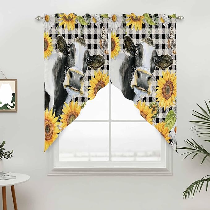 Retro Sunflowers Swag Valances for Windows, Farmhouse Floral Cow Butterfly Black Plaid Rod Pocket Kitchen Curtains Valance, Kitchen Window Curtains Swag for Cafe Living Room, 2 Panels, 36x45 inch