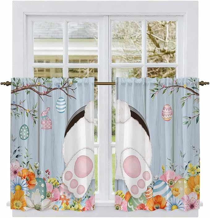 Easter Kitchen Curtains 45 Inch Long 2 Panel Set,Rod Pocket Window Treatment,Spring Watercolor Bunny Eggs Flower Wood Grain Blue Light Filtering Short Curtains & Drapes Laundry 52"W x 45"L