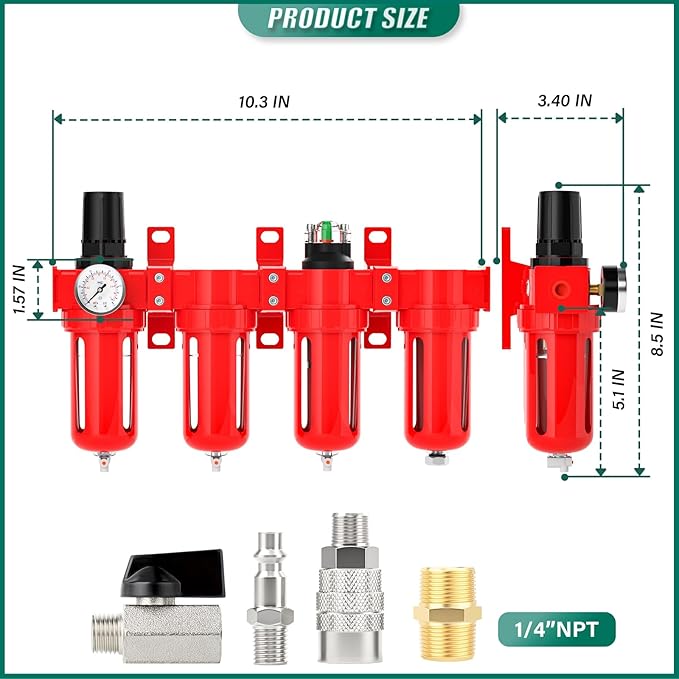 Industrial Grade 4-Stage Aluminum Air Drying System, 1/4 Inch NPT, 0-150 PSI, Desiccant Dryer, air Regulator, Particulate Filter and Coalescing Filter (Manual Drainage)