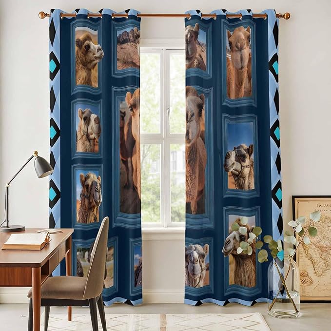 2 Panel Kitchen Cafe Curtains, Desert Camels Sunlight Filtering Nature Air Through, Home Decor Window Covering Tier Curtains for Living Room 104W x 96L inch Wildlife Brown Animals Blue Geometric
