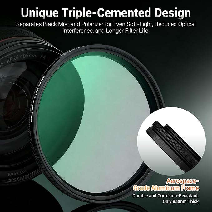 72mm Black Diffusion 1/4 & Reflectivity CPL 2 in-1 Filter with Lens Cap, Dreamy Softens Highlights with Effective Polarization, Mist Cinematic Polarizer Effect Filter with ND2 Reduction