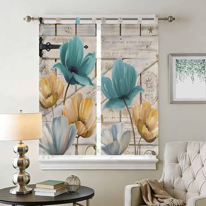 Watercolor Flowers Living Room Curtains 84 Inch Length, Window Curtains Tab Top, Vintage Tulips Floral Barn Doors Wood Grain Light Filtering Window Treatments Drapes 42"x84" 2 Panel