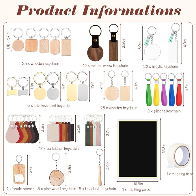 Tondiamo 122 Pcs Laser Engraving Blanks Keychains Bulk Laser Cutting Engraving Materials Accessories Including Wood, Stainless Steel, Acrylic, PU Leather, Silicone and Marking Paper Tape for Laser