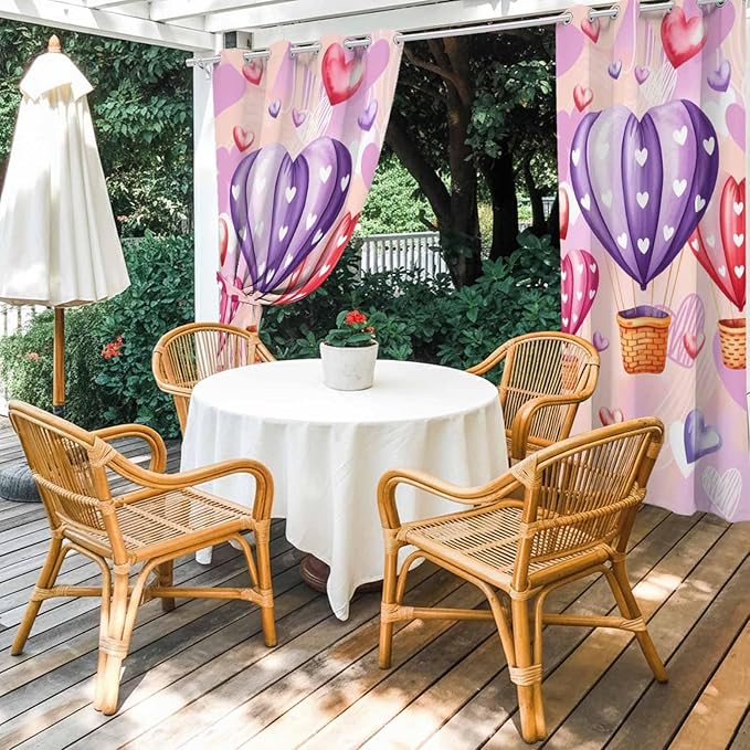Hot Air Balloons Waterproof Outdoor Curtains for Patio, Windproof Weatherproof Curtains with Weighted Hem, Valentine's Day Watercolor Love Balloons Light Filtering Privacy Drapes for Porch 54"x 95"