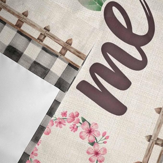 Spring Flowers Curtain Valances for Windows, Kitchen Valance Window Treatment, Vintage Watercolor Black Plaid on Linen Light Filtering Block Curtains for Bathroom/Bedroom/Living Room 42'' x 18''