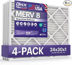 BNX TruFilter 24x30x1 Air Filter MERV 8 (4-Pack) - MADE IN USA – Dust & Pet Defense Electrostatic Pleated Air Conditioner HVAC AC Furnace Filters for Dust, Pet, Mold, Pollen MPR 600 – 700 & FPR 5