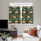 2 Panel Kitchen Cafe Curtains, Retro Desert Camel Sunlight Filtering Nature Air Through, Home Decor Window Covering Tier Curtains for Bedroom Living Room Tropical Animal Aloe Vera Leaves Dark Green
