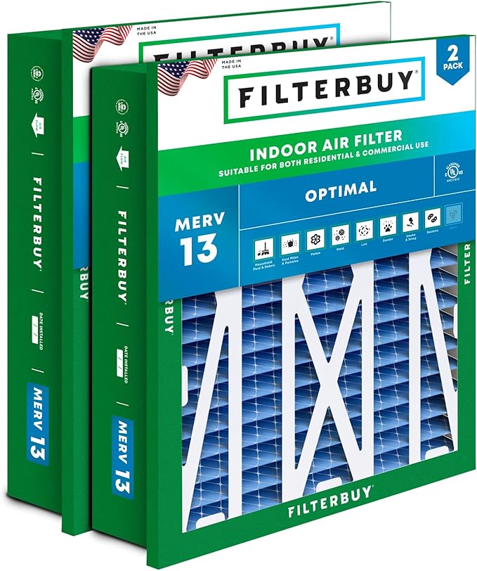 Filterbuy 24x24x5 Air Filter MERV 13 Optimal Smoke & Allergy Defense (2-Pack), Electrostatic Pleated HVAC AC Furnace Filters Replacement for Honeywell Return Grille (Actual Size: 22.38 x 22.38 x 4.38)