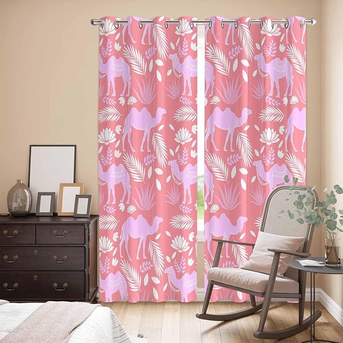 2 Panel Kitchen Cafe Curtains, Desert Camel Sunlight Filtering Nature Air Through, Window Decor Tier Curtains for Living Room 104W x 96L inch Vintage Sand Camel Leaves Flower Pattern Pink