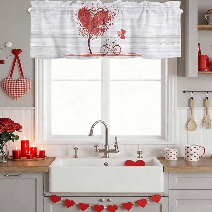 Valentine's Day Valance Curtains for Kitchen, Red Love Trees Bicycles Balloons Wood Grain Privacy Rod Pocket Valance Curtain, Light-Filtering Window Treatment for Bedroom Bathroom, 42"x18"