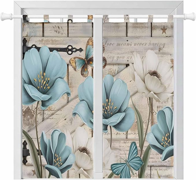 Teal Blue Tulips Bathroom Curtains 63 Inch Length, Window Curtains Tab Top, Spring Floral Barn Doors Vintage Wood Beige Light Filtering Window Treatments Drapes 52"x63" 2 Panel