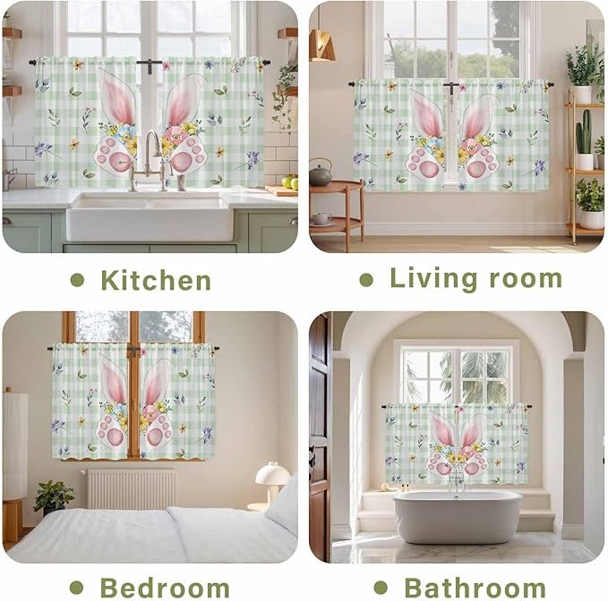 Easter Kitchen Curtains 45 Inch Long 2 Panel Set, Rod Pocket Window Treatment, Spring Bunny Ears Feet Flowers Green Plaid Light Filtering Short Curtains & Drapes for Bathroom Laundry 52"W x 45"L