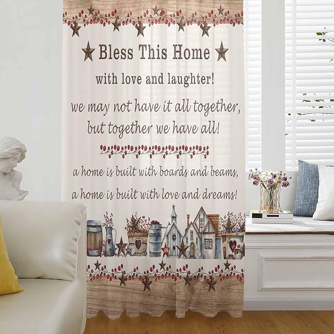 Farmhouse Sheer Curtains 72 Inch Length Country Star Barn Berry Brown Wood Plank Chiffon Curtain for Bedroom Living Room Light Filtering Rod Pocket Window Treatments Voile Curtains Drapes for Dining