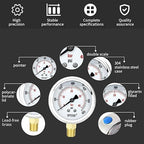 0-200 Psi Glycerin Liquid Filled Low Pressure Gauge, 2.5" Dial Size, 1/4" NPT Lower Mount, 304 Stainless Steel Case, for Water Pipe, HVAC, Water Oil Air Pressure Test