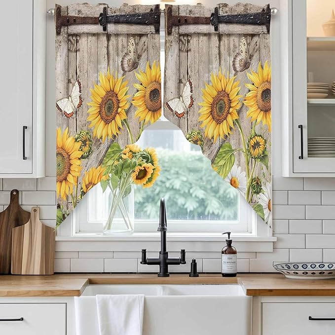 Farmhouse Sunflowers Swag Valances for Windows, Rustic Barn Doors Flowers Butterfly Wooden Rod Pocket Kitchen Curtains Valance, Kitchen Window Curtains Swag for Cafe Living Room, 2 Panels, 36x63 inch
