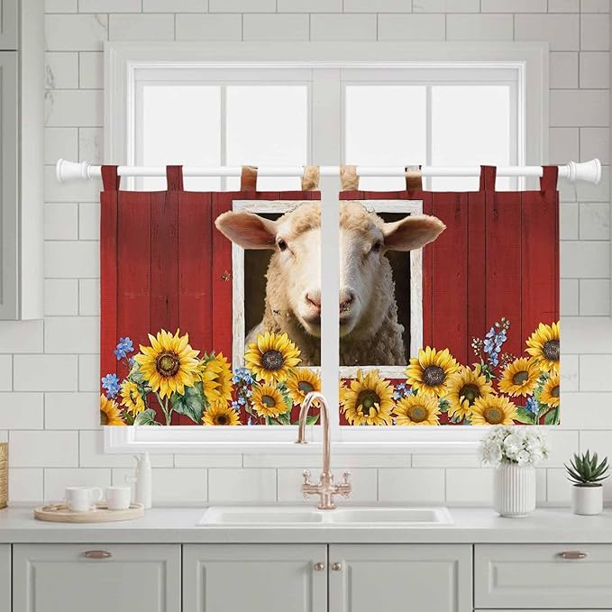 Sheep Sunflower Kitchen Curtains 36 Inch Length, Small Window Curtains Tab Top, Country Red Farm Barn Spring Flowers Light Filtering Short Window Treatments Tier Drapes 27.5"x36" 2 Panel